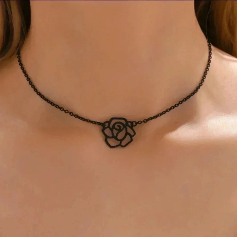 Black chain with black cutout rose pendant necklace casual floral flare gift